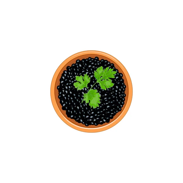 Schwarzer Kaviar in einer braunen Schüssel mit Petersilienzweigen. Platz für Text. Labelvorlage. Luxus — Stockvektor