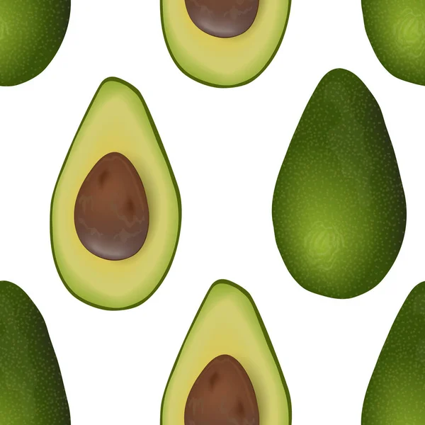 Avocat motif vectoriel sans couture fruits crus mûrs. Persea americana exotique entier et coupé en deux. graines . — Image vectorielle