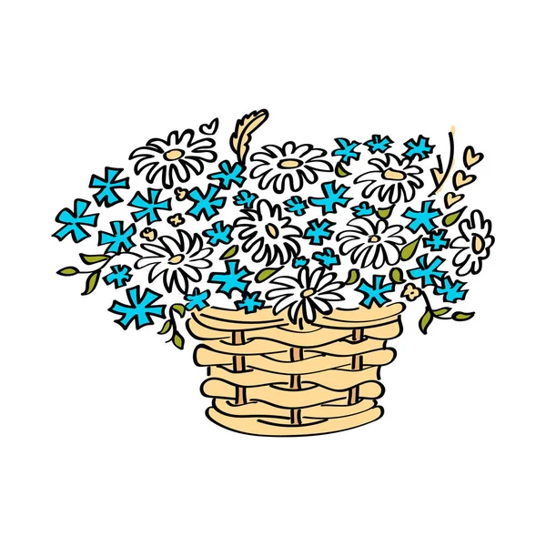 Cesta con flores aisladas sobre fondo blanco. ilustración de dibujos animados de primer plano vectorial . — Vector de stock