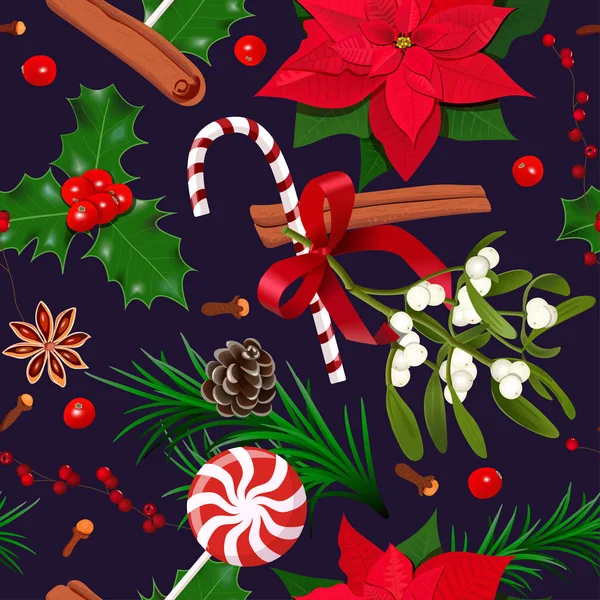 圣诞节无缝图案。装饰与杉树，冬青浆果，寄生虫，糖果甘蔗，甘蔗，丁香在深紫色 — 图库矢量图片