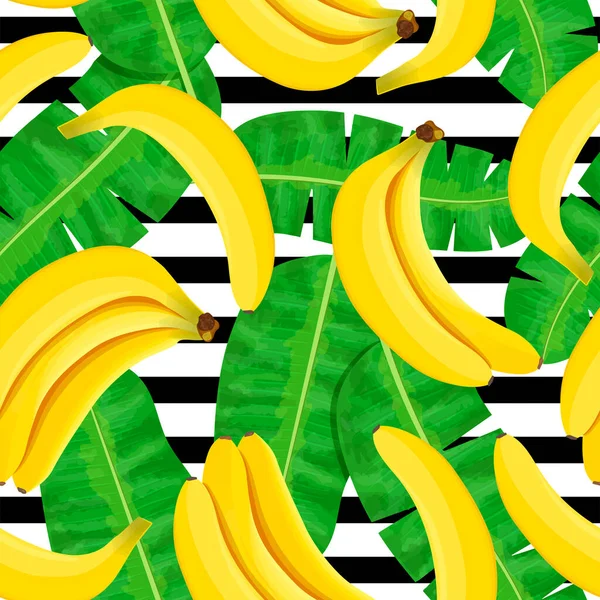 Bunch of Ripe bananas on white background. Striped seamless pattern. Whole fruits and green leaves. — Stock Vector