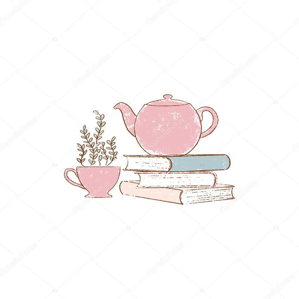 stack of Old books, red teapot and cup. hand-drawn vintage grunge style colorful cartoon