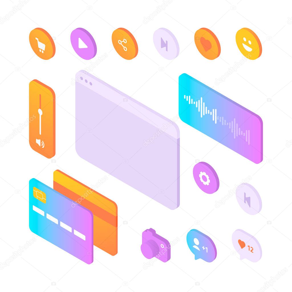 Set of colorful isometric user interface elements.