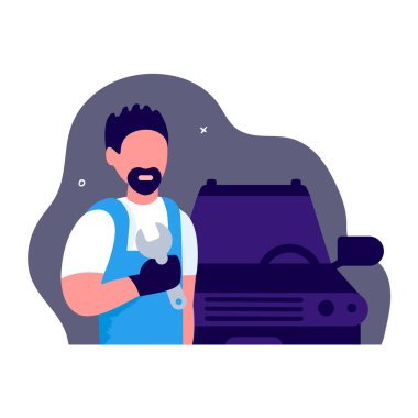Auto mechanic with a wrench in his hand on a background of a car. clipart