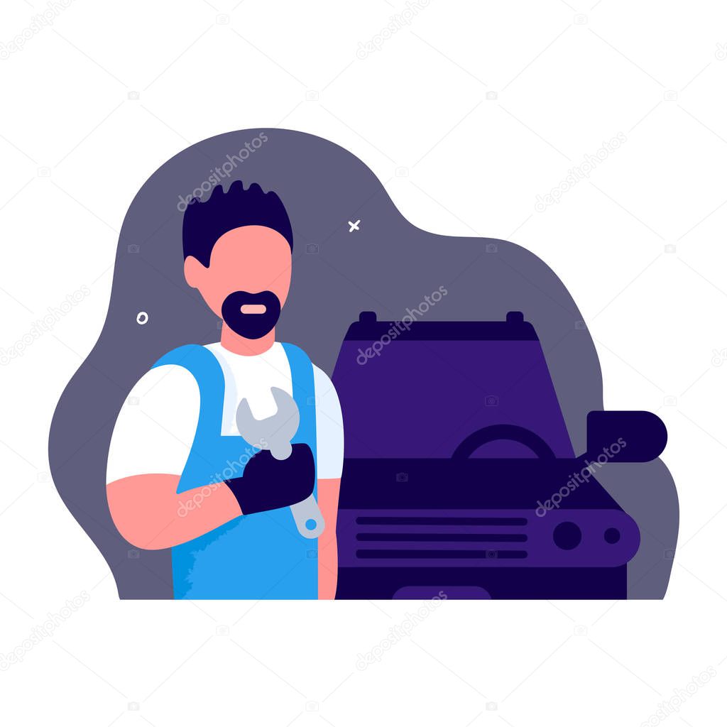 Auto mechanic with a wrench in his hand on a background of a car.