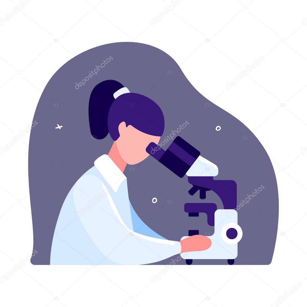 Female scientist sitting at a table and looking through a microscope.