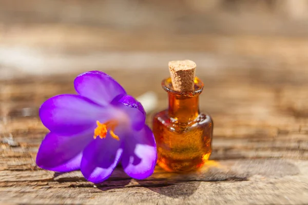 Aceite Esencial Coco Una Hermosa Botella Sobre Mesa — Foto de Stock