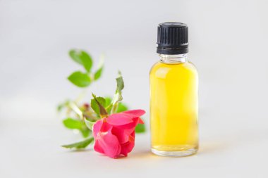 Çiçeklerin özü beyaz bir arka planda güzel bir cam kavanozda