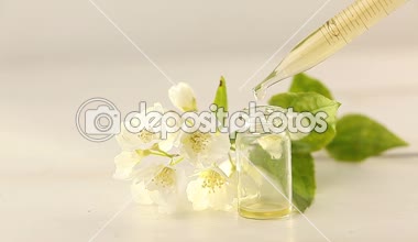 Güzel cam beyaz arka plan üzerinde çiçek özü