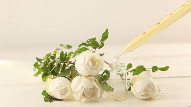 Essence Flowers White Background Beautiful Glass Jar — Stock Video