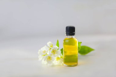 Çiçeklerin özü beyaz bir arka planda güzel bir cam kavanozda