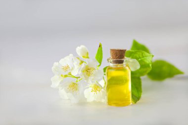 Çiçeklerin özü beyaz bir arka planda güzel bir cam kavanozda