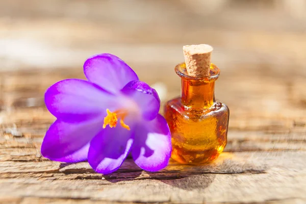 Aceite Esencial Coco Una Hermosa Botella Sobre Mesa — Foto de Stock