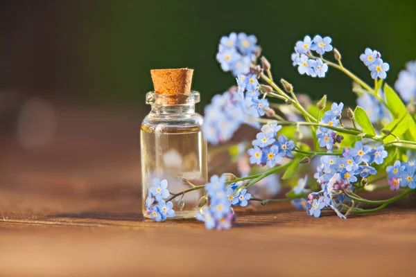 Esencia Las Flores Una Mesa Hermoso Frasco Vidrio — Foto de Stock