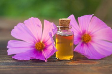 Çiçeklerin özü güzel bir cam şişede masanın üzerinde.