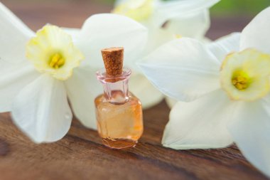 Güzel bir cam kavanozda, masanın üzerindeki çiçeklerin özü.