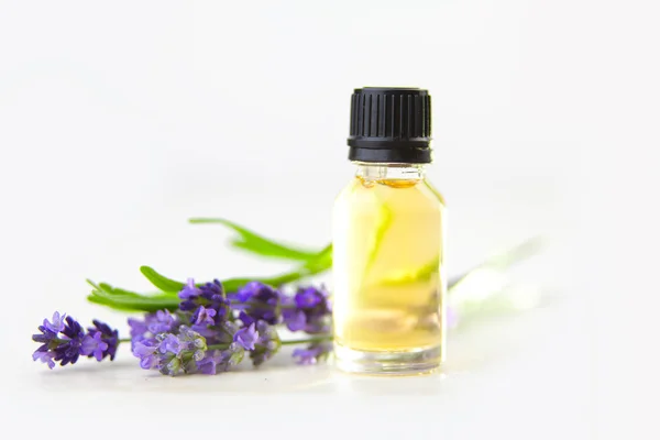 Aceite Esencial Lavanda Una Hermosa Botella Sobre Fondo Blanco — Foto de Stock