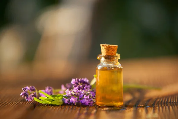 Lavender Essential Oil Beautiful Bottle Table — Stock Photo, Image