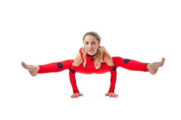 Schöne Flexible Frau Macht Yoga Posen Auf Weißem Hintergrund — Stockfoto