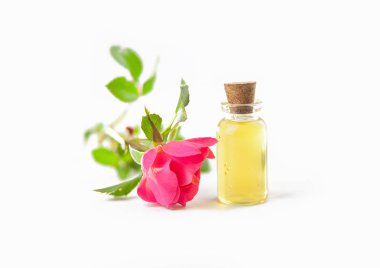 Çiçeklerin özü beyaz bir arka planda güzel bir cam kavanozda