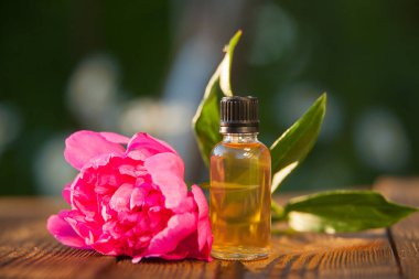 Çiçeklerin özü güzel bir cam şişede masanın üzerinde.