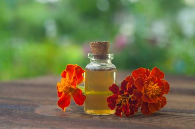 kadife çiçeği esans güzel bir şişe masanın üzerinde