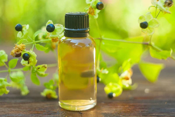 Aceite Esencial Belladona Una Hermosa Botella Sobre Mesa —  Fotos de Stock