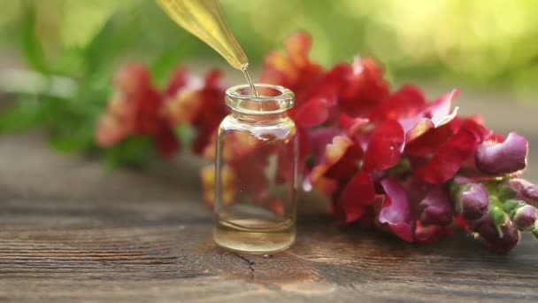 Aceite Esencial Antirrrinio Una Hermosa Botella Sobre Mesa — Vídeos de Stock