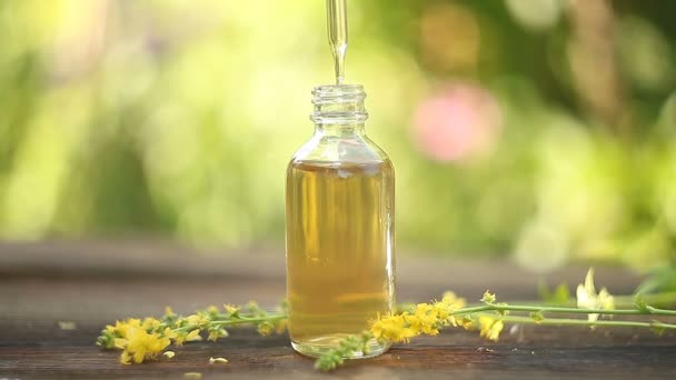 Essenz Von Lavendelblüten Auf Dem Tisch Schöner Glasflasche — Stockvideo