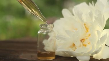 Güzel cam şişe içinde masaya Peony çiçek özü