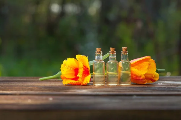 Essência de flores na mesa em belo jarro de vidro — Fotografia de Stock