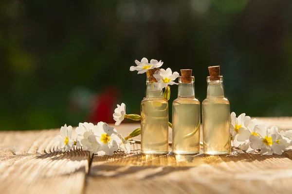 Ätherisches Öl der Primel in schöner Flasche auf dem Tisch — Stockfoto