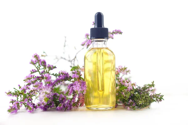 Calluna óleo essencial em bela garrafa no fundo branco — Fotografia de Stock