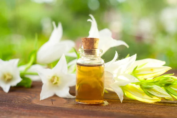 Esencia de flores en la mesa en un hermoso frasco de vidrio — Foto de Stock