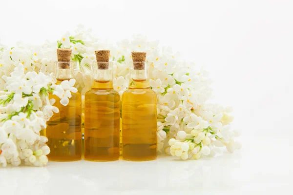 Esencia de flores sobre fondo blanco en hermoso frasco de vidrio — Foto de Stock