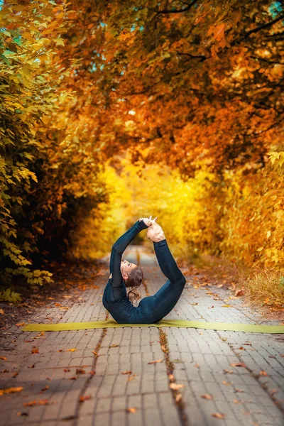 Menina bonita fazendo ioga no outono — Fotografia de Stock