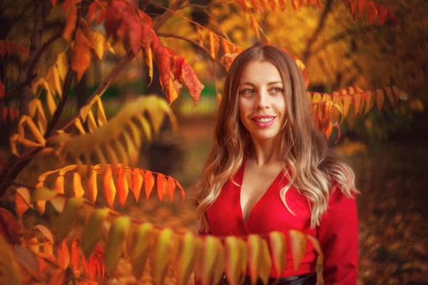 Bela mulher no outono em caminhadas floresta vermelha — Fotografia de Stock