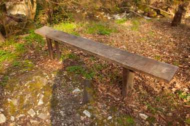 gün batımında ilkbaharda halka açık bir parkta ahşap bank