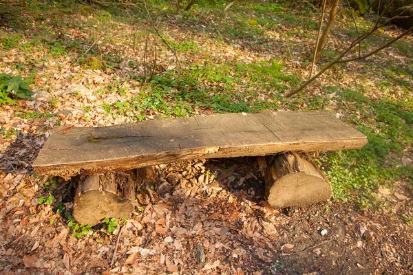 夕暮しの春の公共公園の木製ベンチ — ストック写真