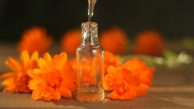 Güzel cam şişe masada calendula çiçek özü