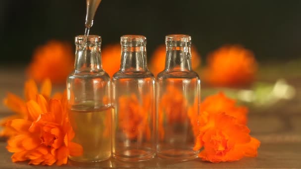 Essenz Von Ringelblumen Auf Dem Tisch Einer Schönen Glasflasche — Stockvideo