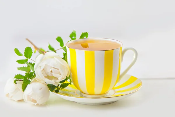 Délicieux thé vert dans un beau bol en verre sur fond blanc — Photo