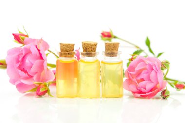 Güzel cam şişe içinde beyaz zemin üzerine gül özü