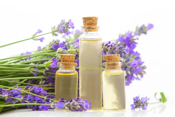 Aceite esencial de lavanda en hermosa botella sobre fondo blanco — Foto de Stock