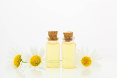 Çiçeklerin özü güzel bir cam şişede masanın üzerinde.