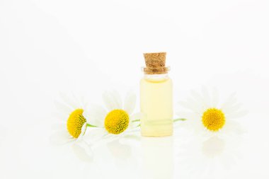 Çiçeklerin özü güzel bir cam şişede masanın üzerinde.