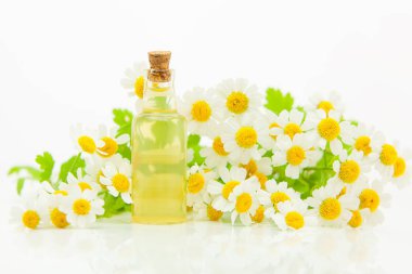 Çiçeklerin özü güzel bir cam şişede masanın üzerinde.