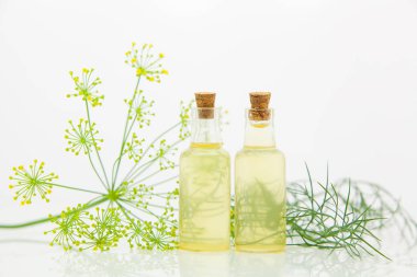 Beyaz arka plan üzerinde güzel şişe dereotu uçucu yağ