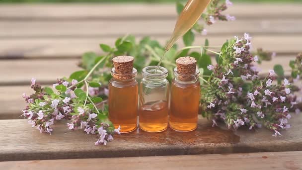 Essentie Van Lavendel Bloemen Tafel Mooie Glazen Fles — Stockvideo