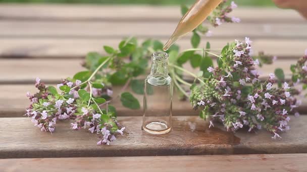 Essentie Van Lavendel Bloemen Tafel Mooie Glazen Fles — Stockvideo